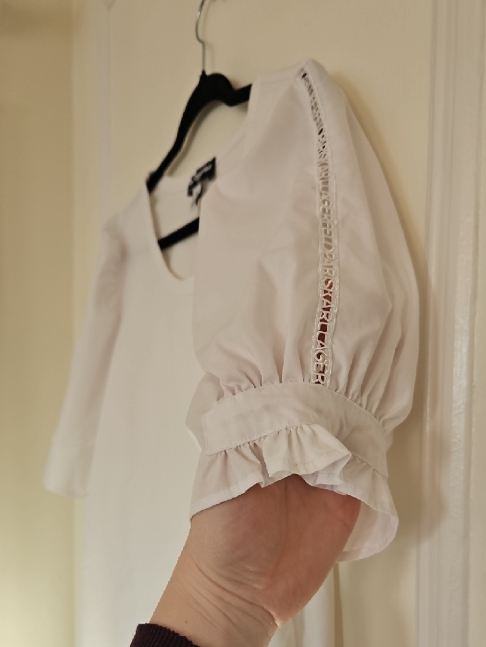 Karl Lagerfeld White Short Sleeve Scoop Neck Tee with Shoulder Detail